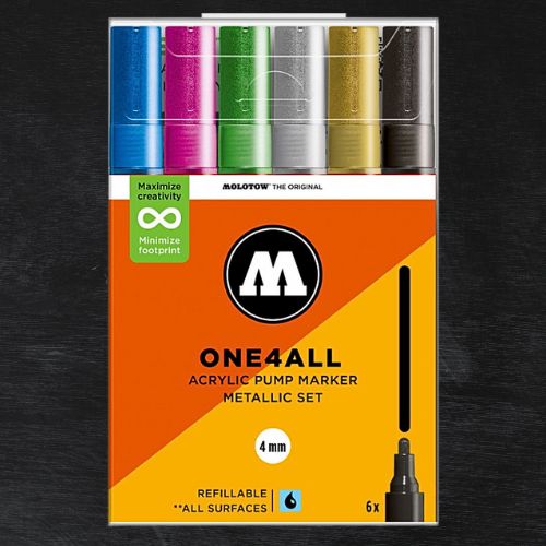 Conjunto de 6 Marcadores Acrílicos Molotow One4all 4mm Metálicos