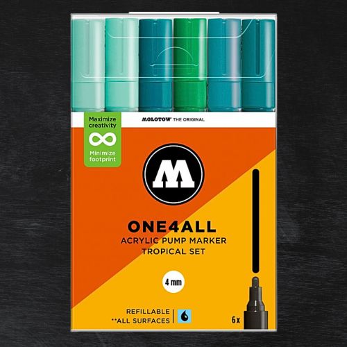 Conjunto de 6 Marcadores Acrílicos Molotow One4all 4mm com Tema Tropical