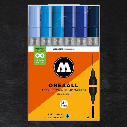 Conjunto de 6 Marcadores Acrílicos Molotow One4all, Pontas de 1,5 mm a 4 mm, Cor Azul