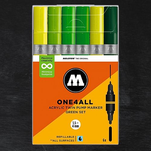Conjunto de 6 Marcadores Acrílicos Molotow One4all, Pontas de 1,5 mm a 4 mm, Verde
