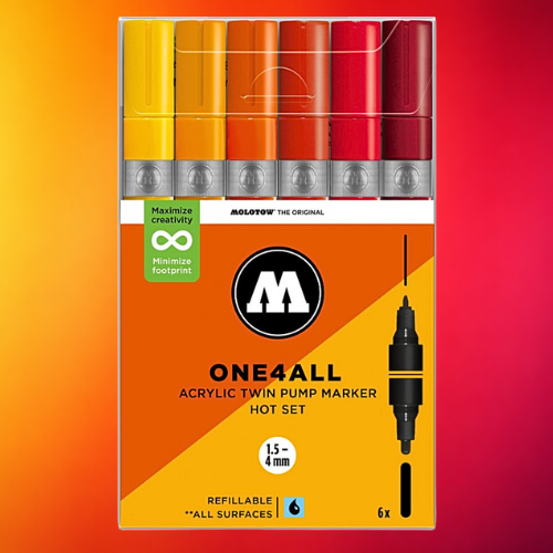 Molotow Pack 6 One4all Acrylic Markers 1.5mm-4mm Hot Set
