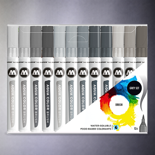 Molotow Pack 12 Watercolor Markers Aqua Color Brush Set Gray